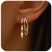 Dangle Earrings for Women,14k Gold Plated Triple Huggie Stud Earrings Cute Statement Chain Earring Dainty Drop Earrings for Women Trendy Gold Plated Jewelry