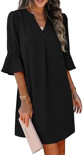 RUMIA Shift Dress for Women V Neck Ruffle Sleeve Loose Summer Office Work Casual Dress