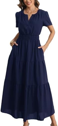 Rainday Womens Casual Maxi Dresses Fashion Holiday Short Sleeved Elastic Waist Beach Boho Dress with Pockets