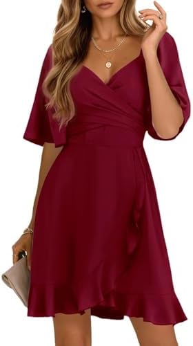 Dokotoo Women's Wrap V Neck Short Flared Sleeve Wedding Guest Dress Smocked Elastic Waist Tiered Belted Ruffle Hem Mini Dress