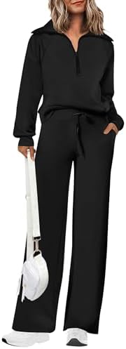 PRETTYGARDEN Women's 2 Piece Outfits Casual Lapel Half Zip Sweatshirts and Wide Leg Pants Tracksuit Sets