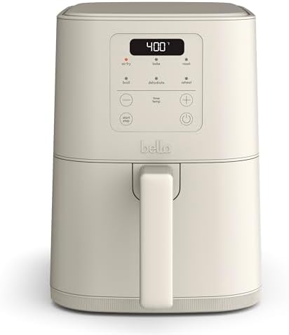 bella 4Qt Slim Air Fryer, Fits-anywhere™ Kitchenware, EverGood™ Ceramic Nonstick Coating, Adjustable Temperature, 6 Preset Cooking Options, 60 Min Auto Shutoff w Audible Tone, 3.3lb Capacity, Oatmilk