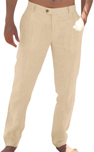 Runcati Mens Casual Pants Elastic Waist Cotton Linen Pants Pleated Loose Fit Lightweight Beach Yoga Trousers