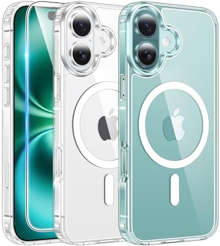 FNTCASE for iPhone 16 Case Clear: Magnetic Phone Cases with Screen Protector Drop Proof Compatible with Magsafe Slim Anti Yellowing Rugged Shockproof Protective Transparent Cell Cover (A-Clear)