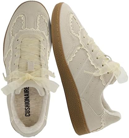 CUSHIONAIRE Belinda Women’s Lace Detail Casual Sneakers – Elegant Ribbon Lace-Up Shoes with Memory Foam