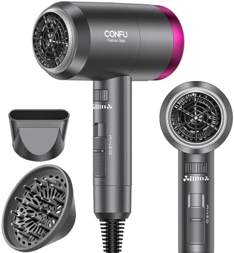 CONFU Ionic Blow Dryer 1600W, Portable Lightweight Fast Drying Negative Ion Hairdryer Blowdryer, 3 Heat Settings & Infinity Speed, with Diffuser and Concentrator Nozzle for Home & Travel