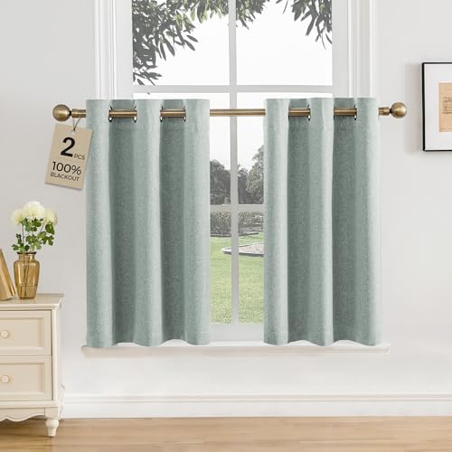 2 Panels Blackout Curtains for Kitchen Bathroom, Textured Fabric Grommet Top Window Curtains, Thermal Insulated Noise Reducing Privacy Drapes for Small Windows. (Sage Green, 35”W x 36”L)