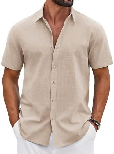 COOFANDY Mens Button Down Shirts Short Sleeve Casual Shirt Cotton Summer Beach Linen Wedding Shirts