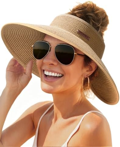 FURTALK Sun Hats for Women Wide Brim Beach Hat Straw Visor Ponytail Summer UV Packable Foldable Beach Vacation Essentials