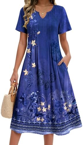 Zeagoo Summer Dresses for Women 2026 Casual Short Sleeve Aline Midi Dress with Pocket Flowy Pleated Tshirt Beach Sundress