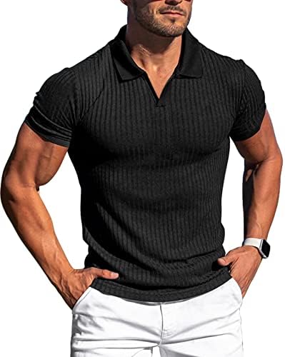 Collared Muscle Shirts for Men Ribbed Knit Slim Fit Polo Shirts Short Sleeve, Mens V Neck T Shirts Casual Stylish