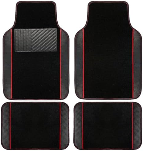 NBTEPEM Waterproof Universal Fit Car Floor Mats, Faux Leather Sporty Car Carpet Mats with Anti-Slip Nibbs Backing & Driver Heel Pad Fit for SUV, Vans, Sedans, Trucks, Set of 4 (Black with Red line)