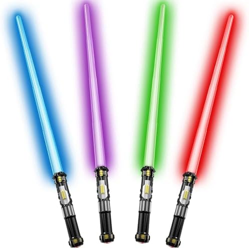 Cawiew 4 Pack Light up Sword Saber with FX Sound (on-Off Control) and Full Retractable Handle, 4 Colors LED Glow in The Dark Toy for Kids Adult