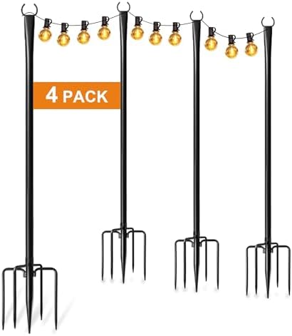 4 Pack String Light Poles for Outside, Thickened Metal Christmas Lights Hanger Pole Outdoor with Fork, Lighting Hanging Post Accessories for Patio Decor Garden Backyard Yard Outside Decorations