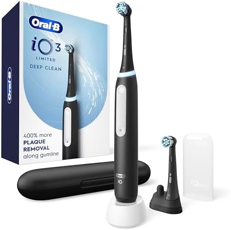 Oral-B Rechargeable Electric Toothbrush, iO3 Limited Deep Clean, 3 Cleaning Modes, Visual Pressure Sensor to Protect Gums, 2 Brush Heads, Travel Case, Black