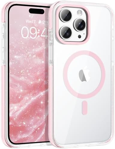 VENINGO for iPhone 15 Pro Max Case Magnetic, Built-in TPU Cushion, Cute Transparent Anti-Yellowing Compatible with Magsafe, Military Drop Proof 14FT, Slim Protective Phone Case, Clear/Pink