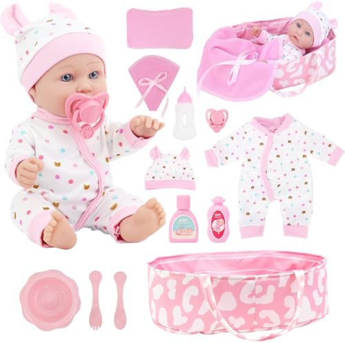 ZITA ELEMENT 12″ Baby Doll Sleeping Basket Set in Gift Box - 13 Piece Soft Baby Doll with Accessories, for Girls Ages 3+
