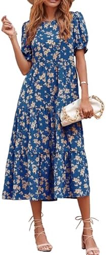 PRETTYGARDEN Summer Dresses for Women 2026 Casual Floral Boho Midi Sun Dress Puff Short Sleeve Flowy Beach Vacation Sundress