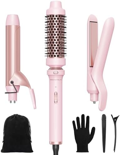 Wavytalk 3 in 1 Curling Wand Set, Multi Curl, Curling Iron Set with Heated Round Brush, Flat Iron Hair Straightener, 1 1/4 inch Curling Iron, Dual Voltage Hair Curler(Pink)
