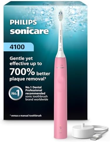Philips Sonicare 4100 Series Electric Toothbrush - Sonic Toothbrush with Advanced Sonic Technology, Pressure Sensor, Two Intensity Settings, Smartimer & Quadpacer, Deep Pink, Model HX3681/26