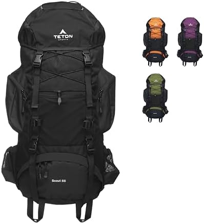 Teton 55L Scout Internal Frame Backpack for Hiking, Camping, Backpacking, Travel, Rain Cover Included, Black