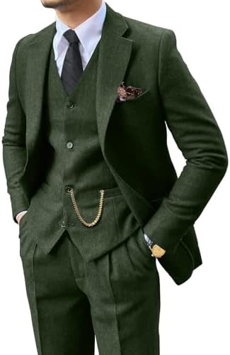 Retro 3 Piece Suit Tweed Herringbone Men's Suits Slim Fit Groom Tuxedos Set Prom Brown Grey Jacket Blazer Vest Pants