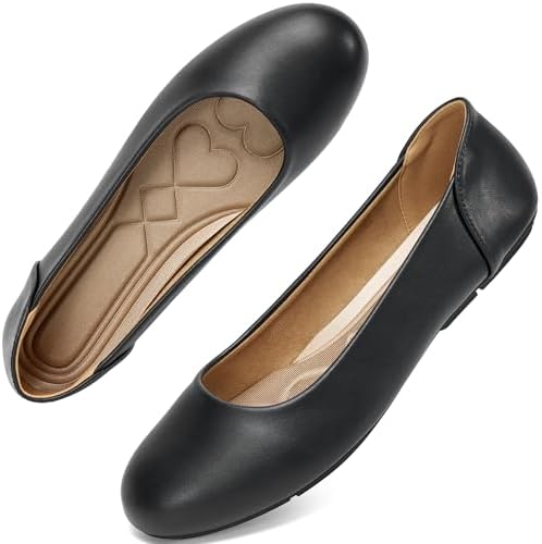 Aomigoct Womens Dress Flats Shoes: Classic Round Toe & PU Leather for Office - No Break-in Heel Pillow & Cushioned Insoles for All-Day Comfort in Business Meetings - Professional Women