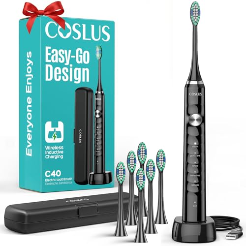 COSLUS Sonic Electric Toothbrush for Adults C40(DY-108Pro): 47000 VPM for Deep Cleaning with Travel Case - 5 Modes for Sensitive Teeth & Brace, Wireless Charging, 6 Brush Heads for Family, Black (1PC)