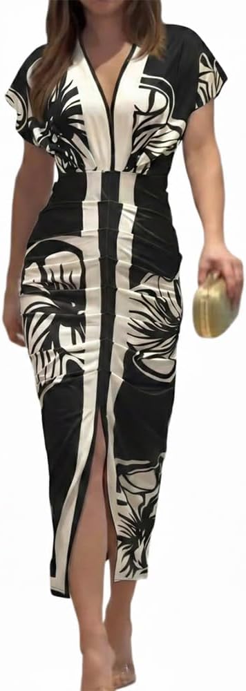 CHICME Summer Dresses for Women Floral Print Plunge V Neck Midi Dress Casual Ruched Slit Bodycon Party Dress