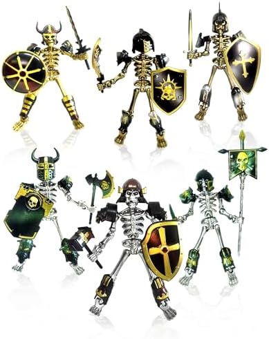 T13 Skeleton Action Figures 6 Pack - DIY Roman Gladiator Model Kit, Articulated Buildable Warriors with Armor & Weapons for Kids, Halloween, Collector Display Desk Decor (Gold & Silver)