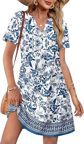 WIHOLL Summer Dresses for Women Casual V Neck Wedding Guest Dress Hawaiian Midi Dress Fashion Beach Vacation Clothes