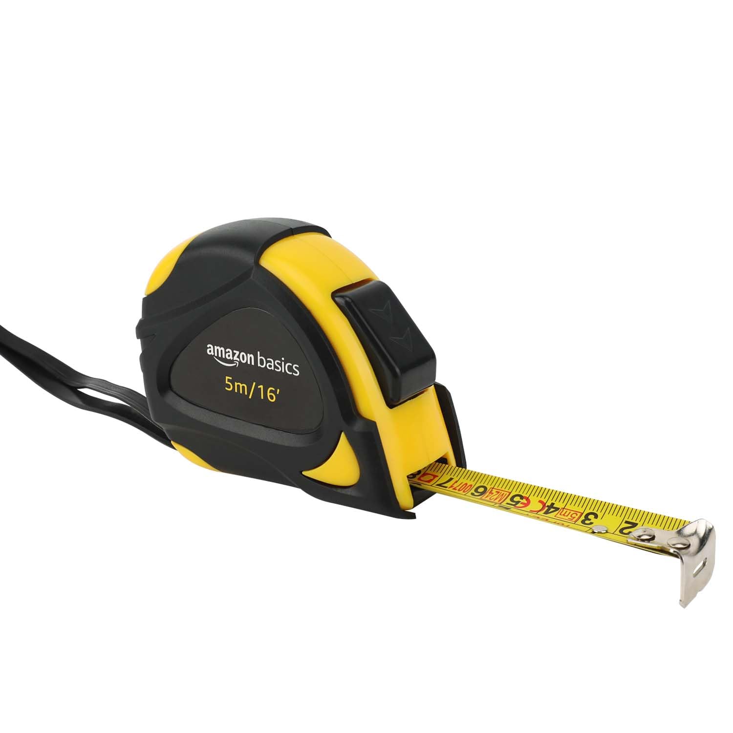 Amazon Basics Self-Locking Tape Measure with Belt Clip, 16-Feet (5-Meters), Inch\/Metric Scale, MID Accuracy, Black, Yellow