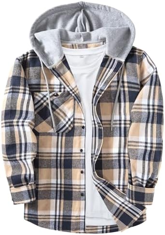 ZITY Men's Flannel Hoodie Shirts Casual Button Down Plaid Shirt Jackets for Men Long Sleeve Stylish Hooded with Pocket
