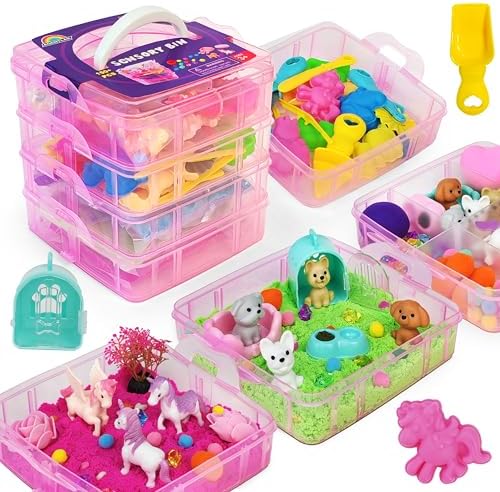 Stackable Sensory Bin, Unicorn & Pet Sensory Sand, Unicorn and Pet Sandbox with Play Sand for Toddlers Boys and Girls, Kids Toys Gift for Age 3 4 5 6 7 8+