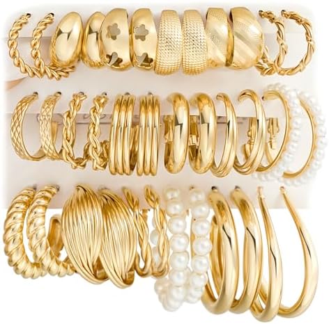 Gold Hoop Earrings Set for Women, 18 Pairs Hypoallergenic Statement Open Pearl Hoops Earring for Multipack, Gold Chunky Hoop Earrings for Women Trendy Jewelry