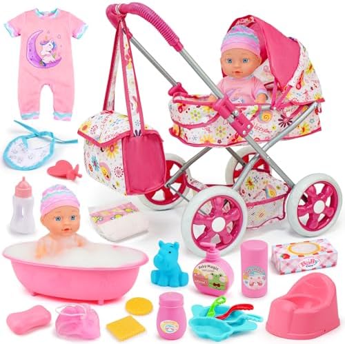Baby Doll Stroller Set Toys for Girls Toddlers 3-5 4-6 5-7, Baby Doll Playset with 11" Doll, Bathtub and 20PCS Baby Doll Accessories, Baby Stroller Toys for 2 3 4 5 Year Old Girls Birthday Gifts