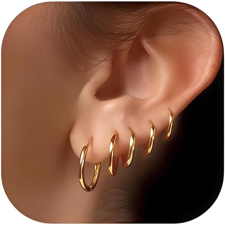 5 Pairs 14K Gold Plated Huggie Hoop Earrings for Women - Lightweight Minimalist Small Hoops, Hypoallergenic Nickel-free Lead-free, Non-Tarnish Everyday Jewelry for Sensitive Ears, Multiple Piercing St