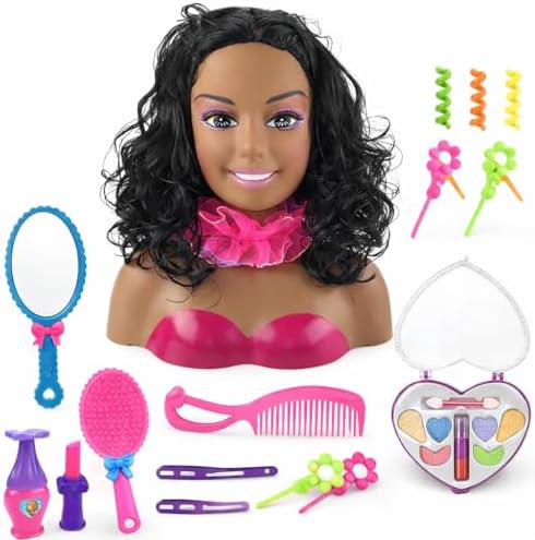 Liberty Imports African American Black Makeup and Hair Styling Doll Head Toy Playset with Real Washable Cosmetic and Fashion Dress Up Accessories for Girls Pretend Play