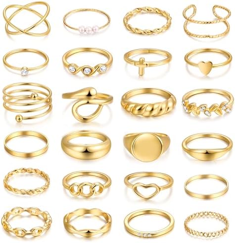 FAXHION 24-60 Pcs Gold Stackable Rings for Women, Knuckle Rings Chunky Gold Ring Set Dainty Stacking Cute Rings, Multiple Sizes Cute Jewelry Set Gift