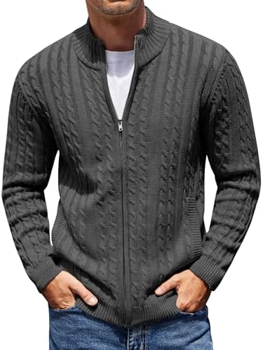COOFANDY Men's Full Zip Cardigan Sweater Slim Fit Cable Knitted Zip Up Sweater with Pockets