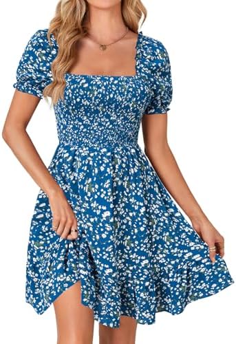 Rooscier Women's Summer Boho Floral Print Square Neck Smocked Ruffle Casual Sundress Mini Dress