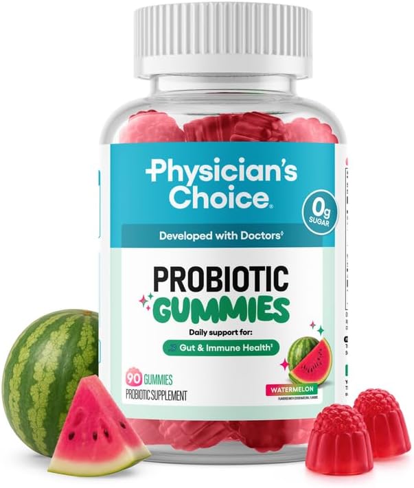 Physician's CHOICE Probiotic Gummies with Vitamin D & Prebiotic Fiber - Sugar Free - 1B CFUs of Clinically Studied Probiotic - Supports Immune & Gut Health for Women & Men - Watermelon Flavor - 90CT