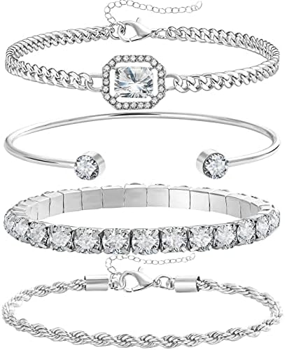 4 Pcs Dainty Gold Silver Bracelets Set for Women 14K Plated Link Cubic Zirconia Paperclip Stake Layering Chain Adjustable Trendy Hand Jewelry