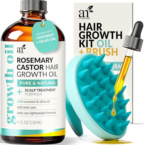 Artnaturals Organic Rosemary Castor Hair Oil + Massager Hair Growth Set Hair Growth Oil 4 ounces with Coconut & Olive Oil for Dry, Damaged & Split End