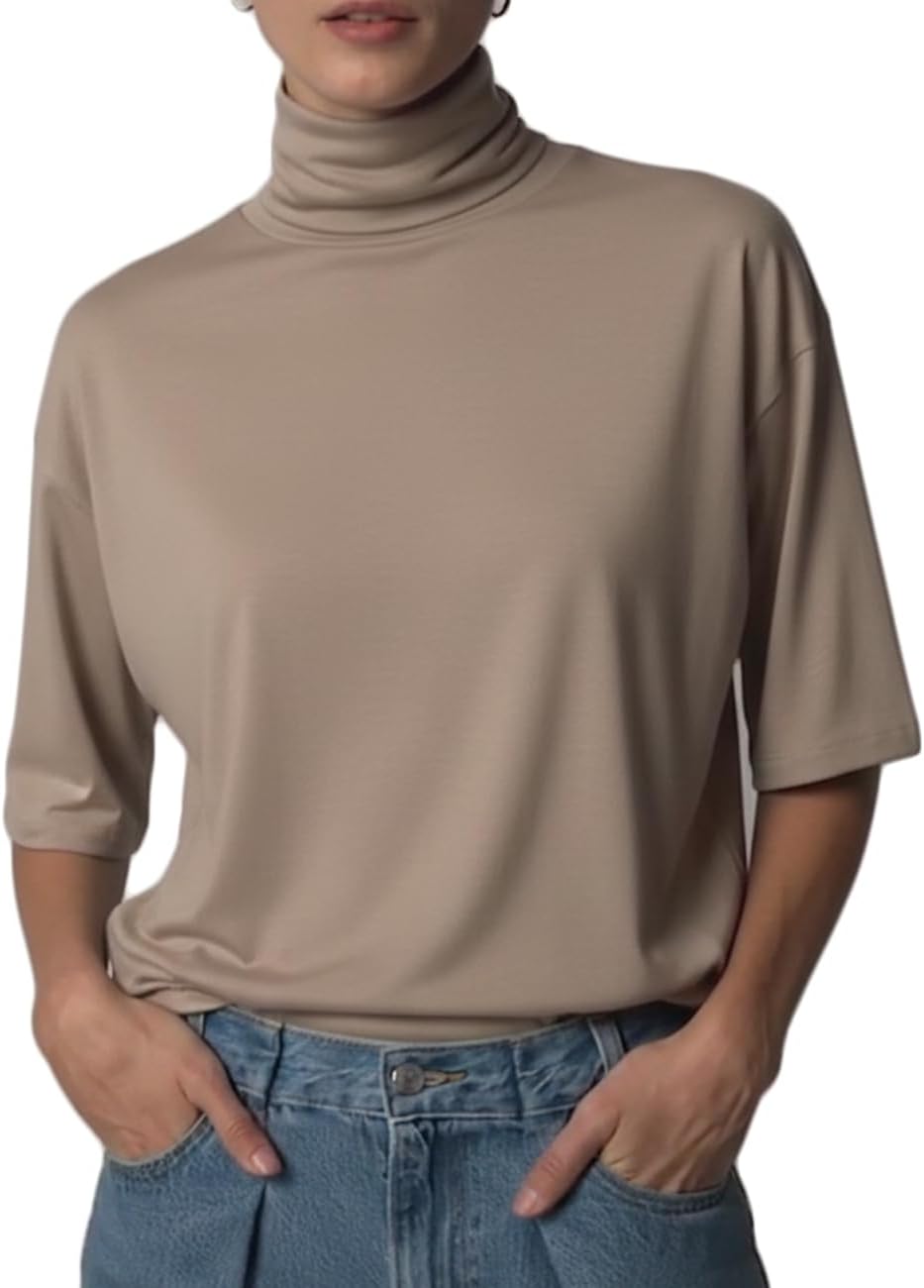 Womens Oversized Turtleneck Tops Mock Neck Tee Tunic Summer 2026 Casual Going Out T-Shirts Trendy Pullover Clothes