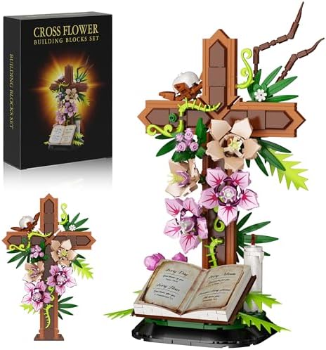 Cross Flower Building Set, Religious Cross Collectibles Compatible with Lego Jesus Catholic Building Toys, Easter, Christian, Birthday Gifts for Mothers, Women or Adults