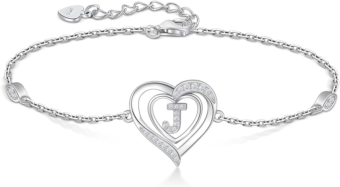 RIVIKO Heart Initial Bracelets for Women,925 Sterling Silver Letter Bracelets, Personalized Charm Alphabet Jewelry Valentines Christmas Mother\u2019s Day Birthday Gifts for Women Friend Her Mom Wife L