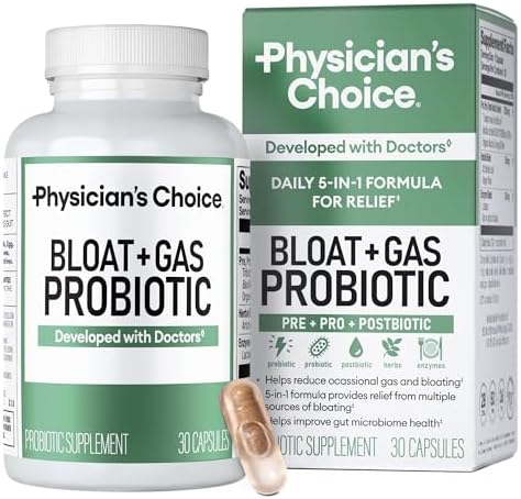 Physician's CHOICE Bloat & Gas Probiotic 5-in-1 Proactive Support + Daily Relief - Digestion & Gut Health- Herbals, Digestive Enzymes, Post & Prebiotics - Gas Relief for Adults - Women & Men - 30ct