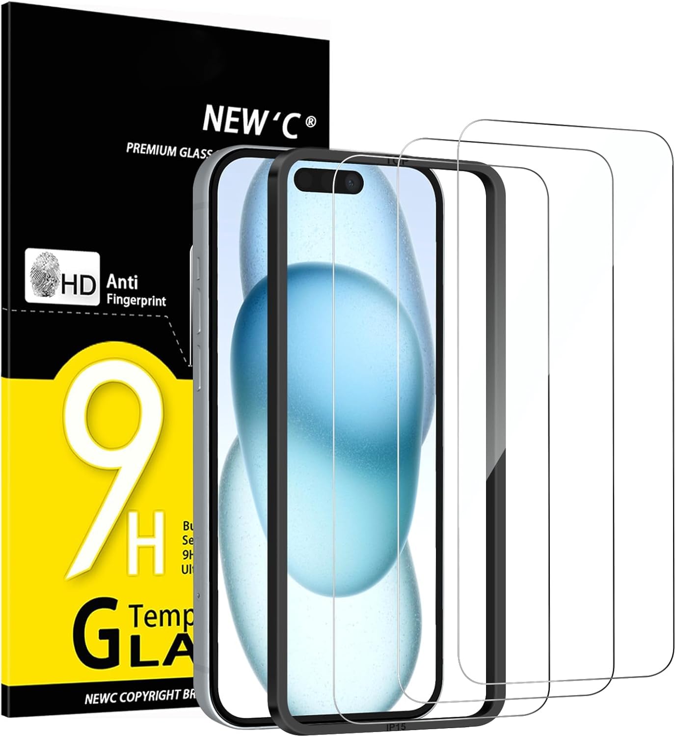 NEW'C 3 Pack Designed for iPhone 16, iPhone 15 Screen Protector (6.1 inches),Enhanced Tempered Glass Protection with easy installation tool included,Case Friendly Ultra Resistant | Tempered Glass,