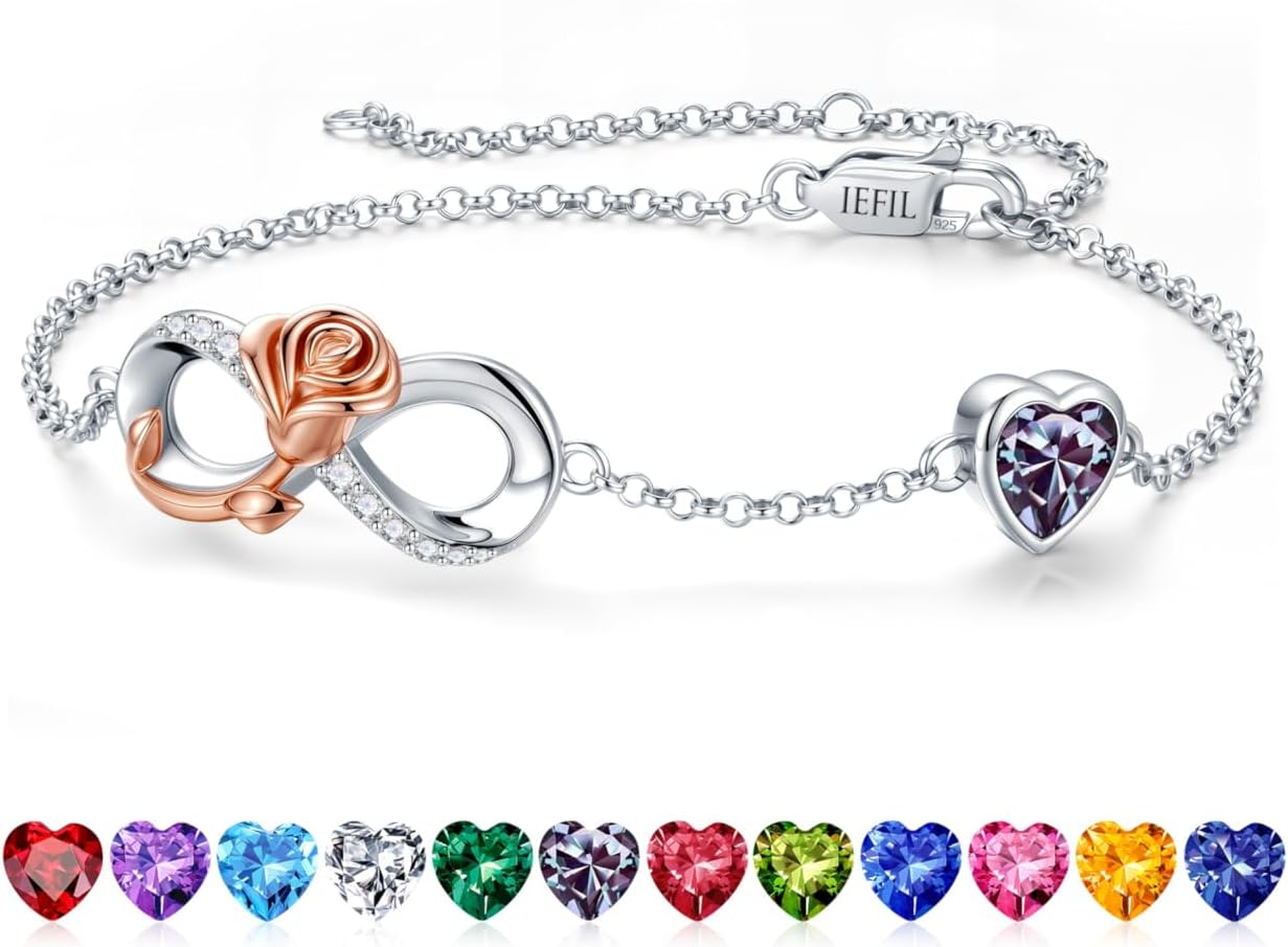 Iefil Mothers Day Gifts for Wife, 925 Sterling Silver Charm Link Birthstone Bracelet, Anniversary Birthday Gifts for Women Wife Girlfriend Daughter